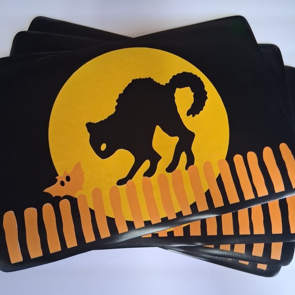 Other - Vtg Halloween Placemats Set of 4 Black Cat Moon Bat Vinyl Graphic DCI MCM